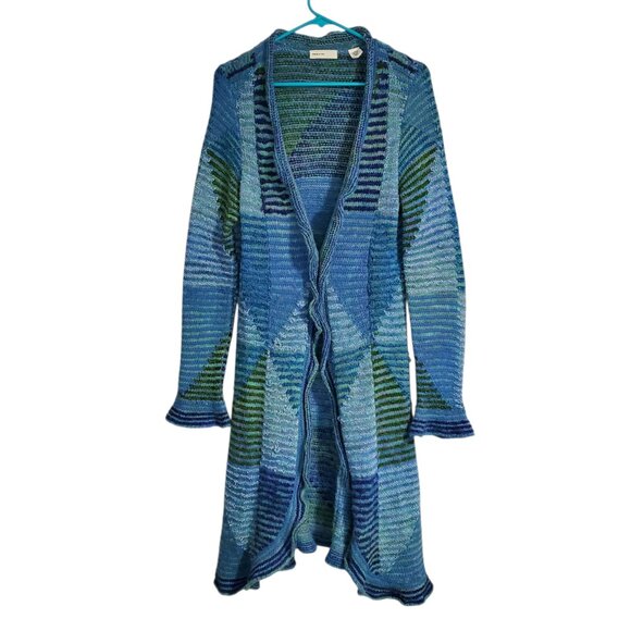 Anthropologie Sleeping on Snow Colorblock Long Line Clasp Ruffle Cardigan - L - Picture 2 of 10